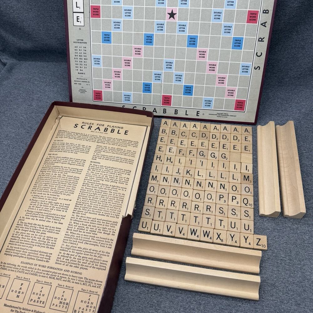 Vintage 1953 SCRABBLE Board Game Selchow & Righter 100 Wood Tiles COMPLETE